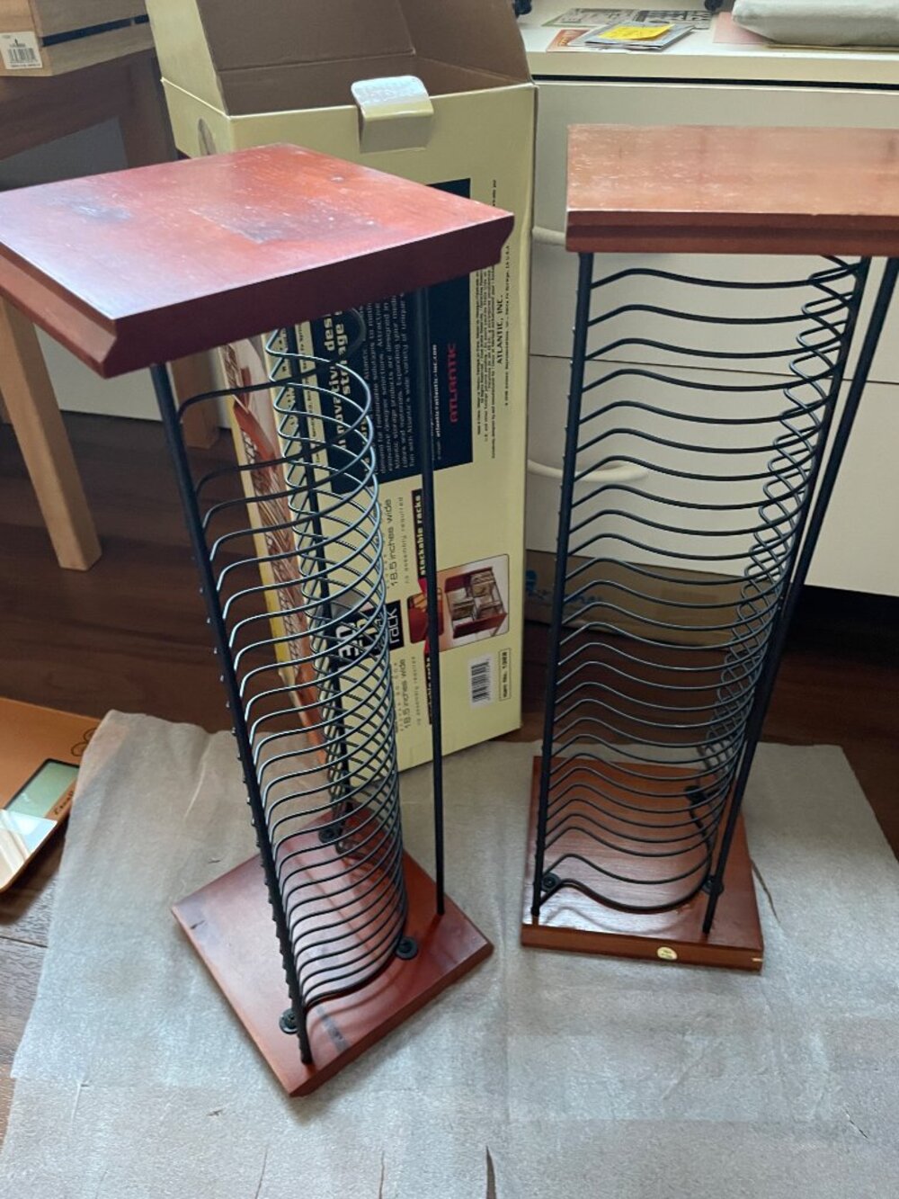 Vintage TWO Atlantic 30 CD Stack Racks Matte Black Steel Cherry Wood New in Box